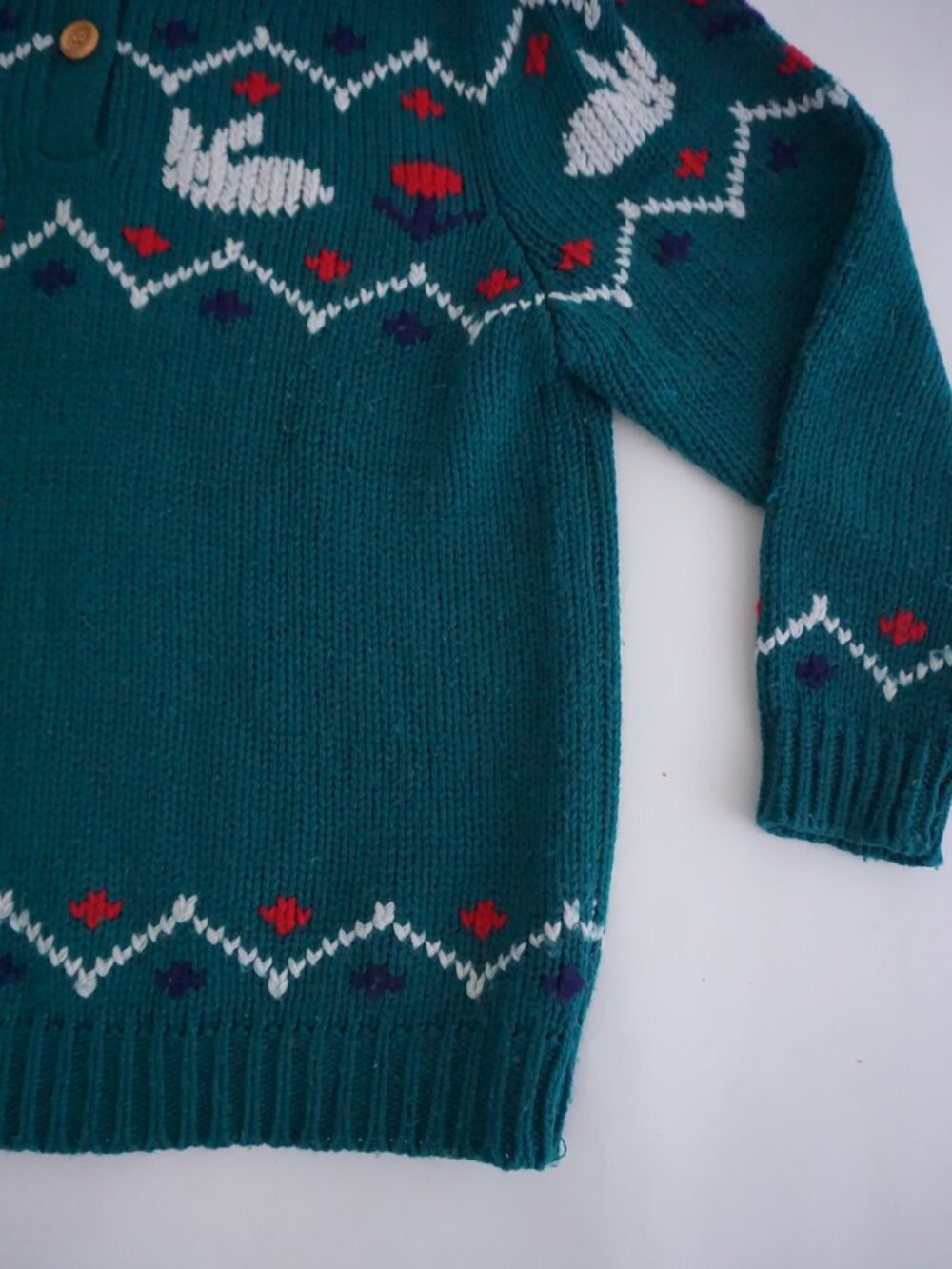 Vintage Bryn Connelly Green Bunny 15% Wool Fair Isle Knit Collared Sweater L - Picture 5 of 10